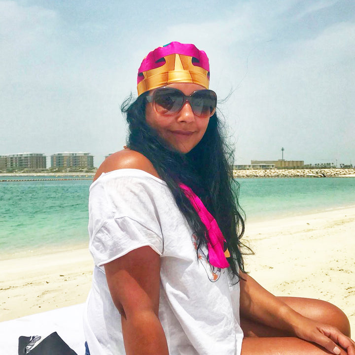 Nitu wears our Band of Gold headwear at the beach | Bold Clothing - Unique Bamboo Clothing & Streetwear | #sayitinbold @boldornaked shop online at www.boldornaked.com