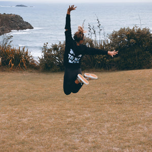 Kate jumps for joy in Bold's Born to be Bold sequin hoodie in New Plymouth New Zealand  | #sayitinbold @boldornaked shop online at www.boldornaked.com