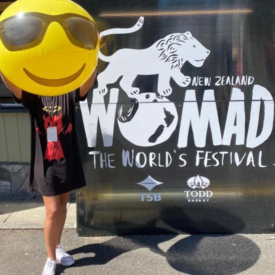 Kate wears Bold's Good AF / Bad AF Bamboo T-shirt / Dress / Sleepwear - at Womad NZ -  Bold Clothing - Unique Bamboo Clothing & Streetwear | #sayitinbold @boldornaked shop online at www.boldornaked.com