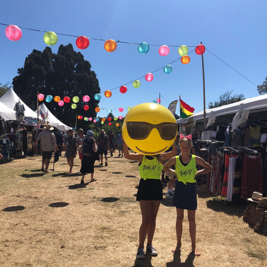 Grace, Aaliyah & Bob the ball rock our Bold AF singlets at Womad NZ