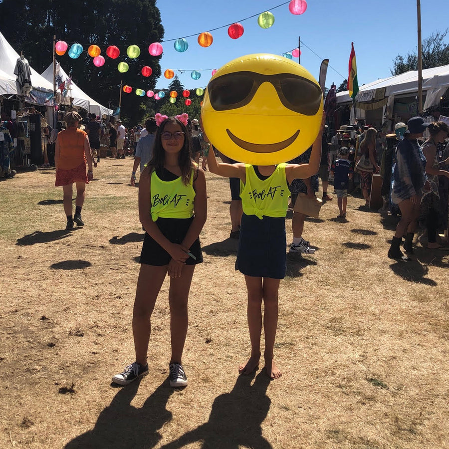 Aaliyah & Grace wear Bold's Bold AF - Yellow Dry-Fit Singlet for women at Womad NZ  | #sayitinbold | Bold Clothing | www.boldornaked.com