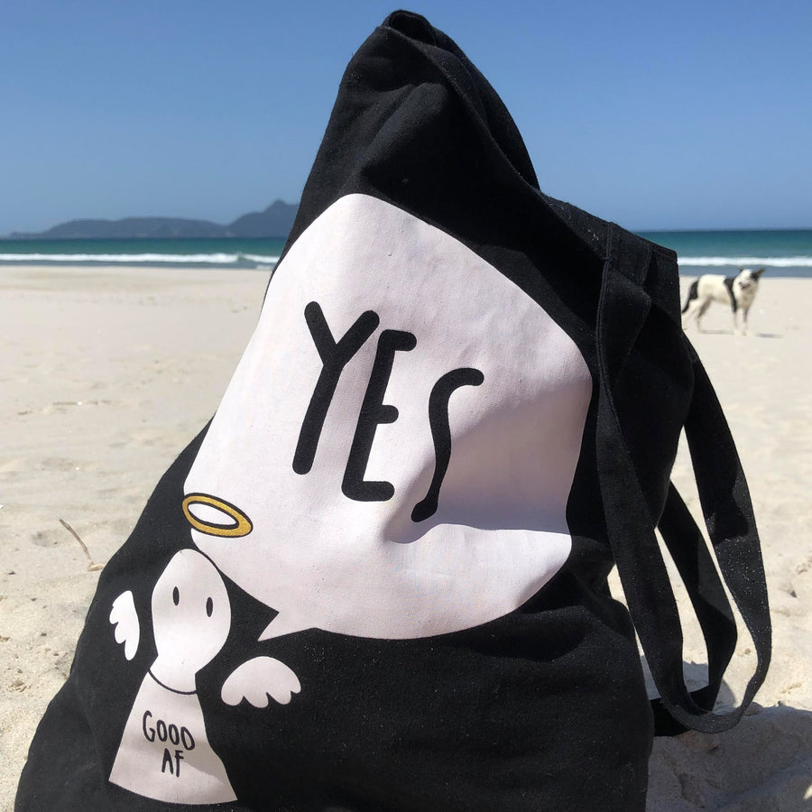 #Bagsy Location: Langs Beach NZ | The Bold Yes / No re-usable tote bag | gym bag | beach bag | shopping bag | Free with every Hoodie | #sayitinbold @BoldorNaked shop online www.boldornaked.com