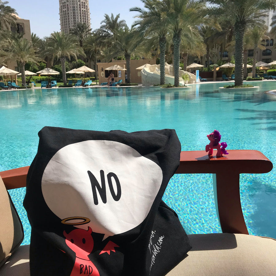 #Bagsy Location: One & Only Dubai pool view | The Bold Yes / No re-usable tote bag | gym bag | beach bag | shopping bag | Free with every Hoodie | #sayitinbold  @BoldorNaked shop online www.boldornaked.com