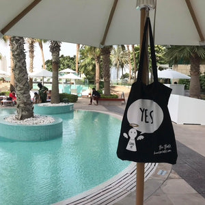 #Bagsy Location: Dubai pool  | The Bold Yes / No re-usable tote bag | gym bag | beach bag | shopping bag | Free with every Hoodie | #sayitinbold  @BoldorNaked  shop online www.boldornaked.com