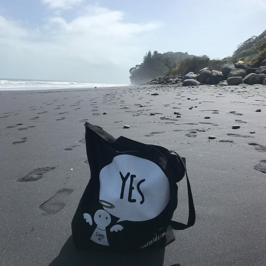 #Bagsy Location: Wai-iti Beach NZ |  The Bold Yes / No re-usable tote bag | gym bag | beach bag | shopping bag | Free with every Hoodie | #sayitinbold @BoldorNaked shop online www.boldornaked.com