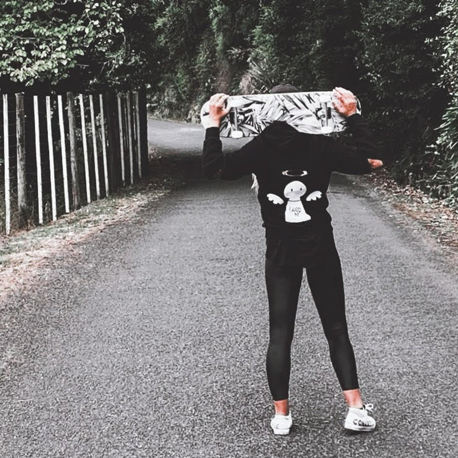 Kate skateboards in NZ wearing Bold's Angel / Devil - Good AF / Bad AF Sequin Hoodie -  Bold Clothing & Headwear - #sayitinbold | Bold Clothing | www.boldornaked.com