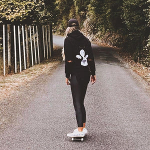 Kate skateboards in NZ wearing Bold's Angel / Devil - Good AF / Bad AF Sequin Hoodie -  Bold Clothing & Headwear - #sayitinbold | Bold Clothing | www.boldornaked.com